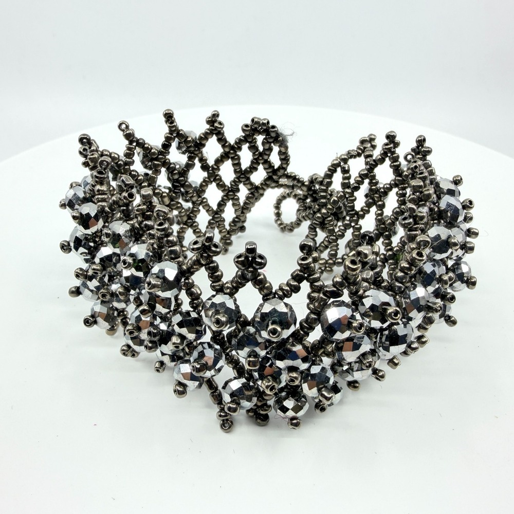 Vintage Y2K Gunmetal Woven Seed Bead Wide Cuff Bracelet Metallic Faceted Crystal